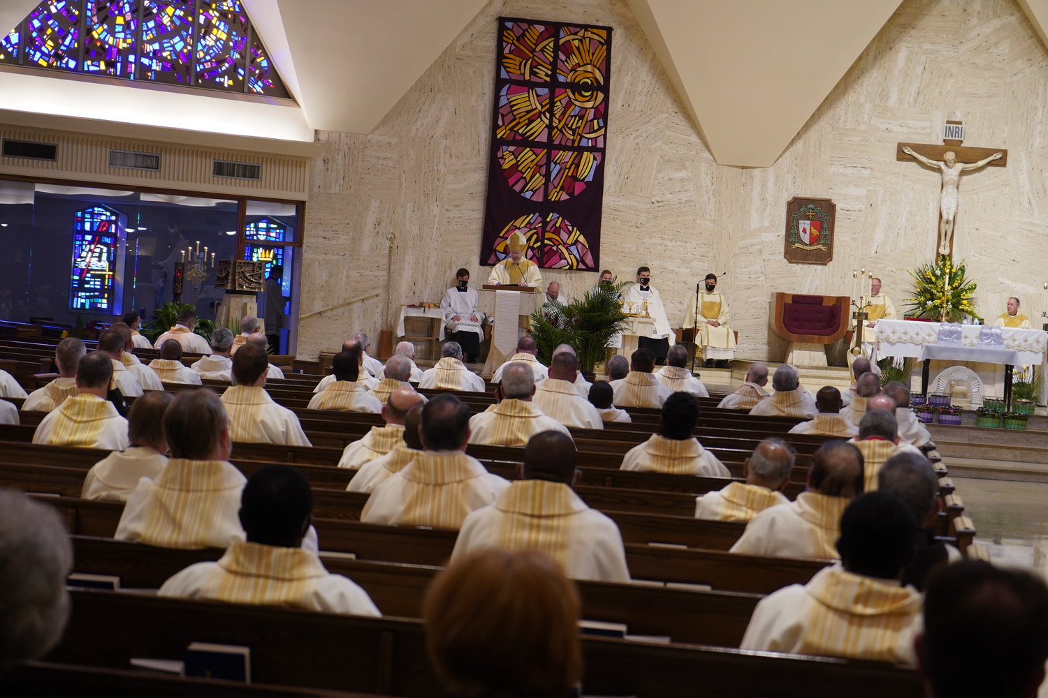 Bishop W. Shawn McKnight addresses the priests of the diocese in his homily during the Chrism Mass  on March 30, 2021, in the Cathedral of St. Joseph in Jefferson City.
